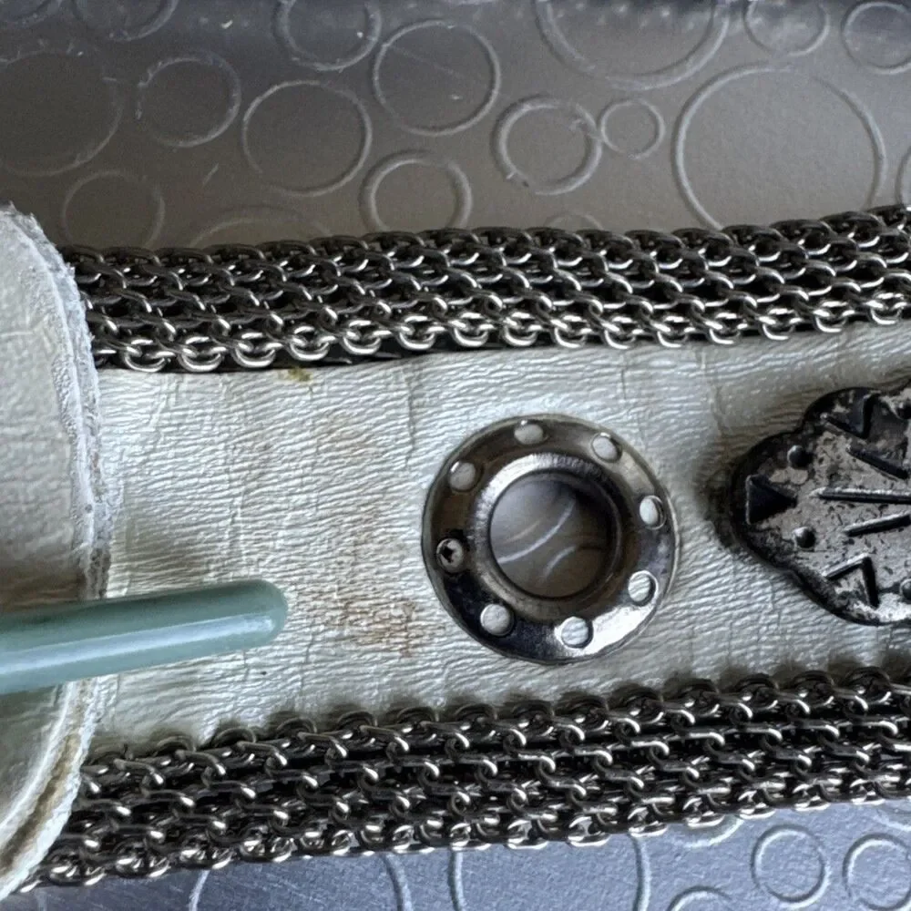 Vintage Boho Western Mesh Chain Concho Belt White Leather Inlay Ornate Y2K